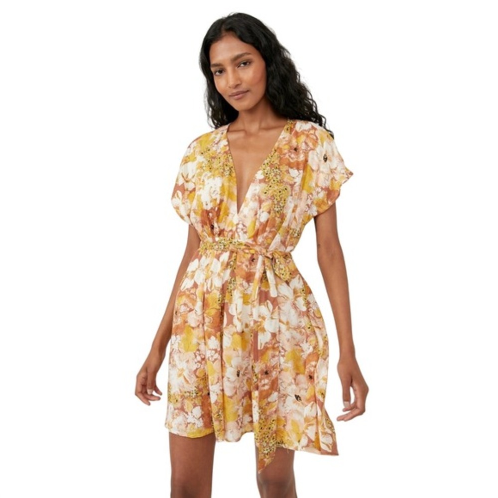 Free People Floral Mini‎ Dress Womens L Multicolor Modal Boho Festival Summer